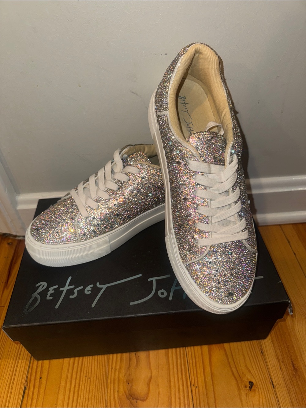 Betsey Johnson Iridescent Glitter Lace-Up Platform Sneakers - White Soles